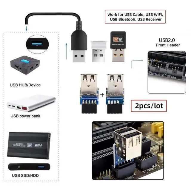 Alt view image 6 of 7 - WRIARICH 2-Pack Vertical 9/10Pin Motherboard Header to Dual USB 2.0 Female Adapter, Internal Mainboard USB 2.0 Front Panel Converter for DIY PC Cases