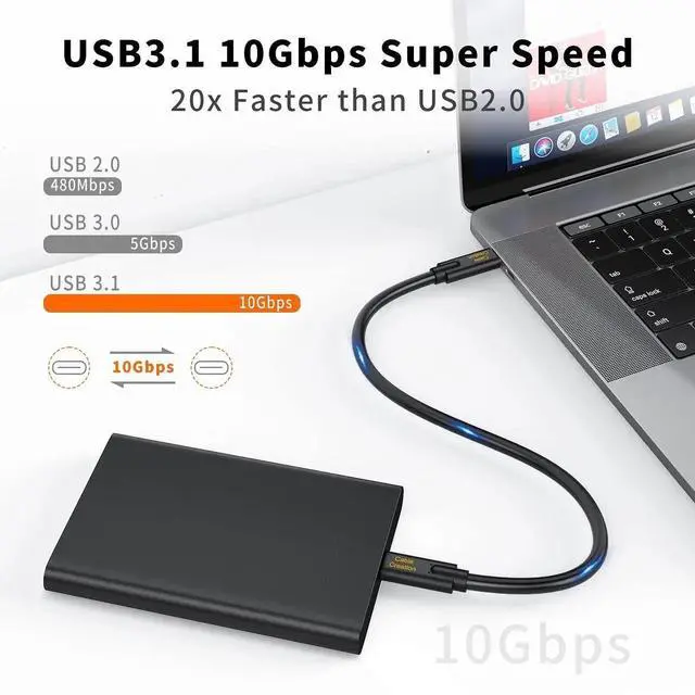 Alt view image 2 of 7 - WRIARICH 1FT Short USB-C Cable, 100W PD Charging 10Gbps USB 3.1 Gen 2 Cord, Compatible with iPhone 15/16, Android, Laptop, Switch, SSD, Power Bank