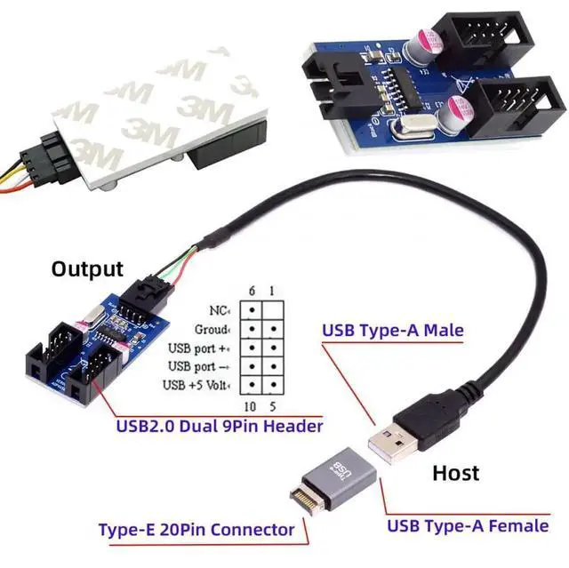 Alt view image 3 of 7 - WRIARICH USB3.1 Type-E 20Pin Male to Dual USB2.0 A Female + 9Pin/10Pin Motherboard Header Internal Hub Adapter, 1-to-2 USB Port Multiplier Splitter Cable