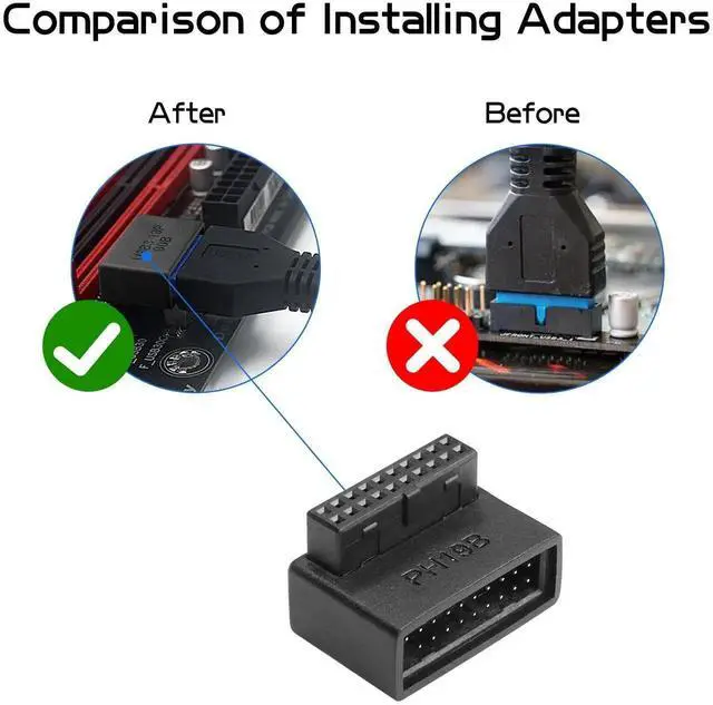 Alt view image 3 of 6 - WRIARICH 2 Pack 90 Degree USB 3.0 19/20 Pin Motherboard Adapter, L-Shaped Male to Female Right Angle Connector (PH19A+PH19B)