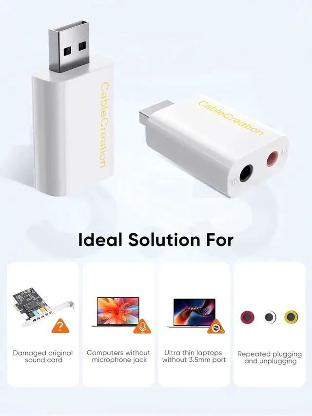 Alt view image 5 of 7 - WRIARICH White External USB Audio Adapter, USB Sound Card with Separate 3.5mm Headphone & Mic Jack, Plug-and-Play Driver-Free for Windows Mac Linux PC Laptop PS4