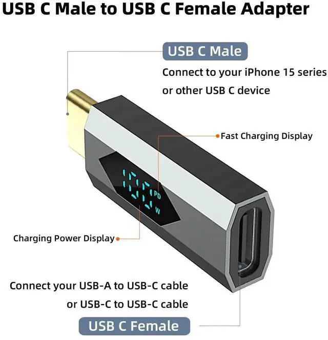 Alt view image 3 of 6 - WRIARICH 2 Pack Digital Display USB-C Male to Female Adapter, 100W PD Type-C Power Meter Tester with LED Wattage Screen Compatible with iPhone 15 Series, iPad Air/Pro, MacBook, All USB-C Devices, Grey