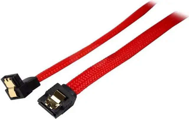 Main image of WRIARICH 18 Inch Braided Red SATA III 6Gbps Data Cable with Locking Latch, 180° to 90° Right Angle Connector