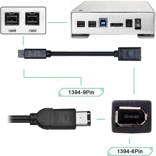 Alt view image 2 of 7 - WRIARICH 20cm IEEE 1394 6Pin Female to 9Pin Male Firewire Cable, FireWire 400 to 800 Converter Cord