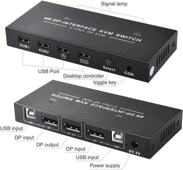 Alt view image 6 of 6 - WRIARICH 2 Port 2 In 1 Out DP 1.2 KVM Switch 4K@60Hz, USB Sharing for Keyboard & Mouse, Single DisplayPort Monitor Control for 2 PCs