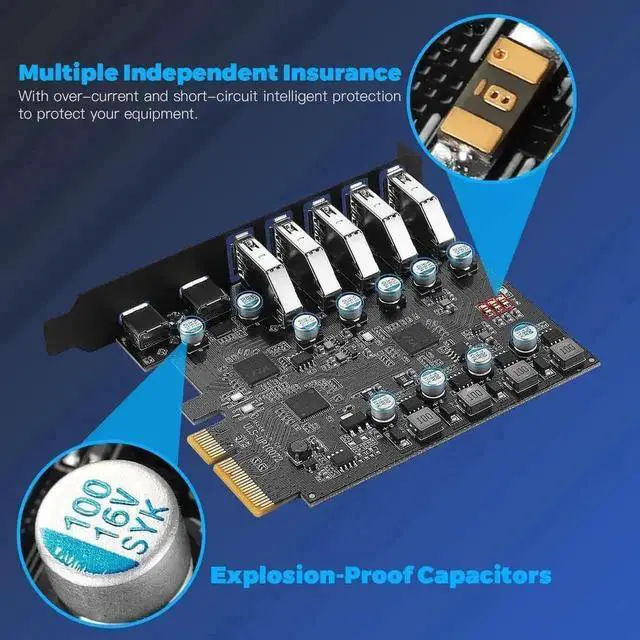 Alt view image 5 of 7 - WRIARICH PCIe X1 USB 3.2 Gen2 Expansion Card, 7-Port 10Gbps PCI Express Hub Adapter (2×USB-C + 5×USB-A) for Desktop Motherboard
