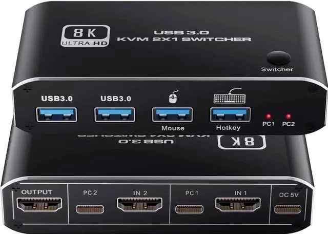 Main image of WRIARICH 2-Port 2 In 1 Out HDMI 2.1 8K KVM Switch, Support 8K@60Hz, 4K@120Hz, 4 USB 3.0 Ports & Keyboard Hotkey Control, 2 PCs Share One Monitor, Keyboard & Mouse