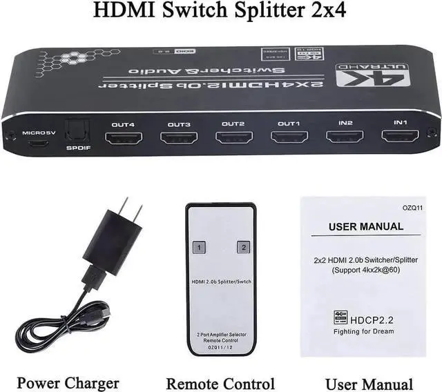 Alt view image 7 of 7 - WRIARICH 2×4 HDMI 2.0b Matrix Switch with Audio Extractor & IR Remote, 4K@60Hz HDR RGB4:4:4 Video Splitter Hub, SPDIF Optical + 3.5mm Analog Audio Output HDCP2.2
