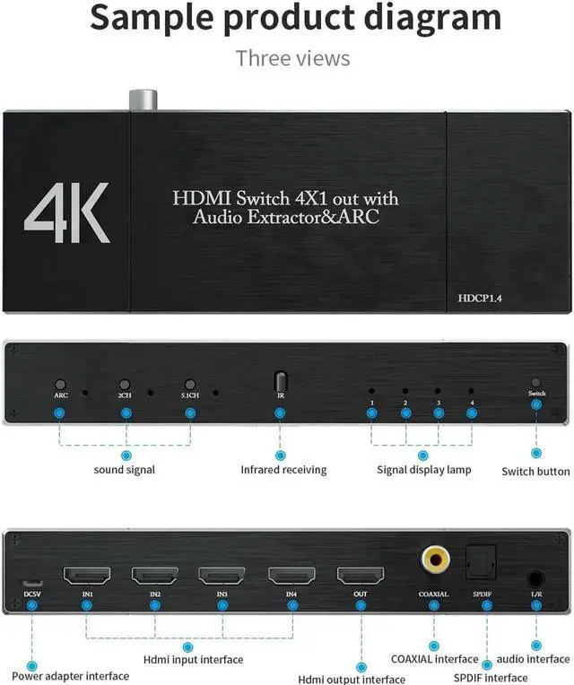 Alt view image 2 of 4 - WRIARICH 4 in 1 Out HDMI 2.0b Audio Extractor Switch with IR Remote, 18Gbps 4K@60Hz HDMI Selector Box with Optical SPDIF, Coaxial & 3.5mm AUX Output, Supports HDR10, ARC, HDCP 2.2