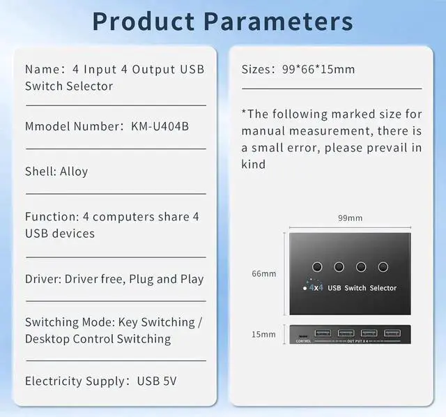 Alt view image 3 of 7 - WRIARICH 4-Port USB 3.0 Switch for 3/4 PCs Sharing 4 USB Devices, With Desktop Controller & 4 USB Cables, Compatible Mac/Windows/Linux