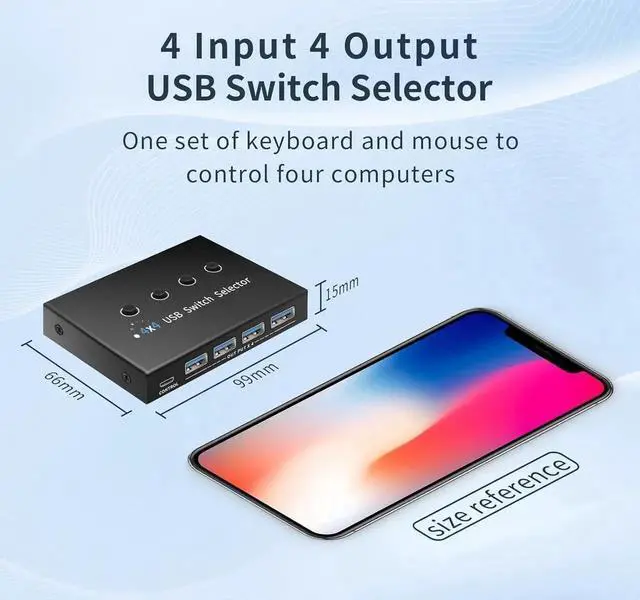 Alt view image 2 of 7 - WRIARICH 4-Port USB 3.0 Switch for 3/4 PCs Sharing 4 USB Devices, With Desktop Controller & 4 USB Cables, Compatible Mac/Windows/Linux