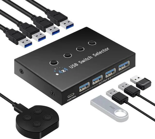 Main image of WRIARICH 4-Port USB 3.0 Switch for 3/4 PCs Sharing 4 USB Devices, With Desktop Controller & 4 USB Cables, Compatible Mac/Windows/Linux