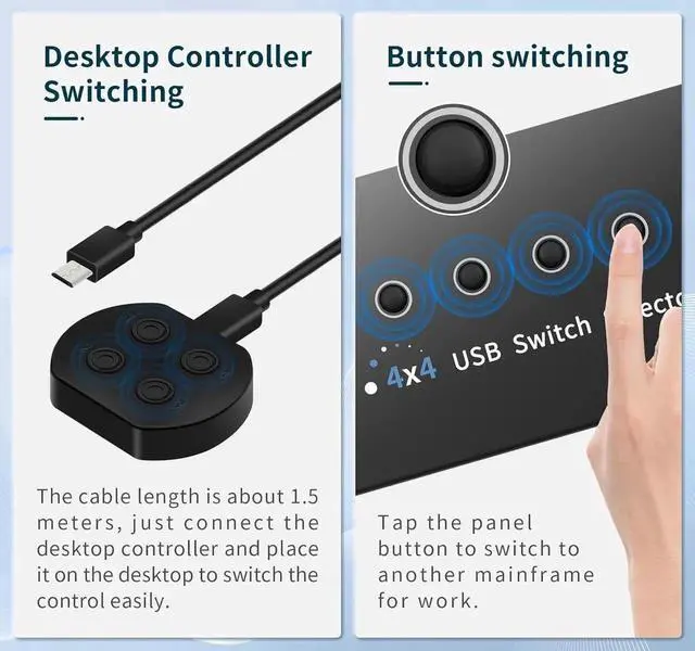 Alt view image 7 of 7 - WRIARICH 4-Port USB 3.0 Switch for 3/4 PCs Sharing 4 USB Devices, With Desktop Controller & 4 USB Cables, Compatible Mac/Windows/Linux