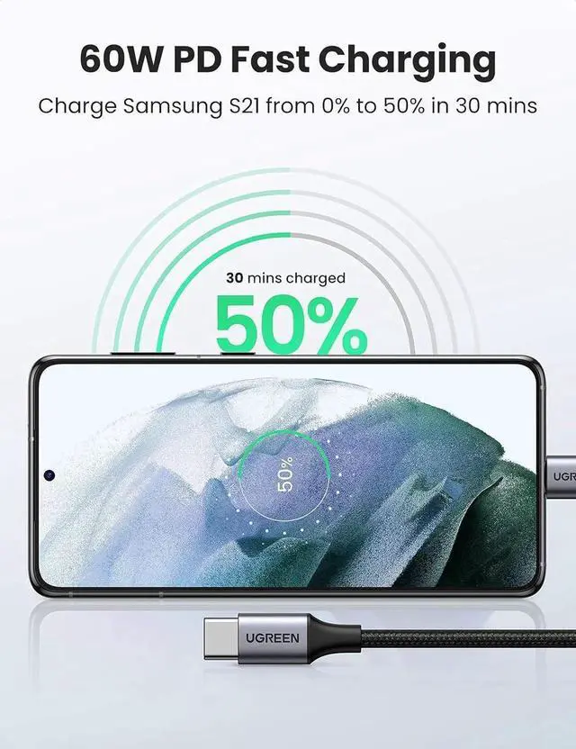 Alt view image 4 of 7 - WRIARICH 2 Pack 10FT UGREEN USB-C to USB-C Cable, 60W Fast Charging Nylon Braided Cord Compatible with iPhone 17/16, Galaxy S25/S24/S22, Pixel 8/7, MacBook, Dell XPS, iPad, Switch, Steam Deck