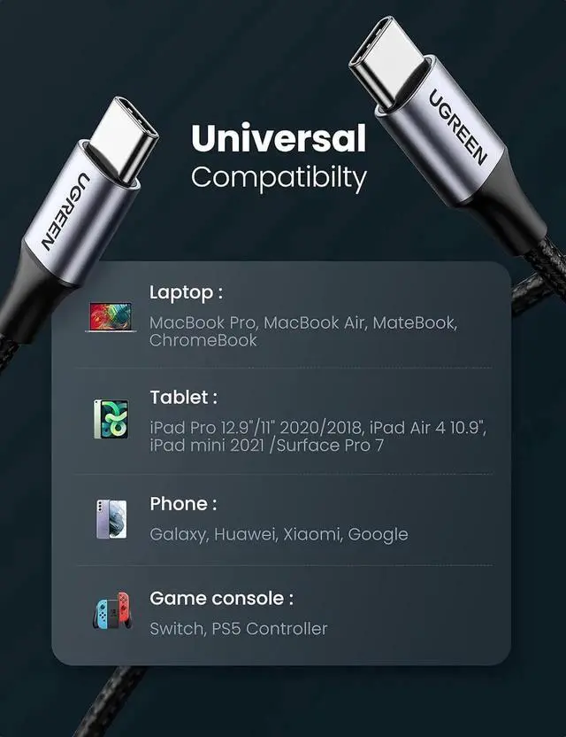 Alt view image 5 of 7 - WRIARICH 2 Pack 10FT UGREEN USB-C to USB-C Cable, 60W Fast Charging Nylon Braided Cord Compatible with iPhone 17/16, Galaxy S25/S24/S22, Pixel 8/7, MacBook, Dell XPS, iPad, Switch, Steam Deck
