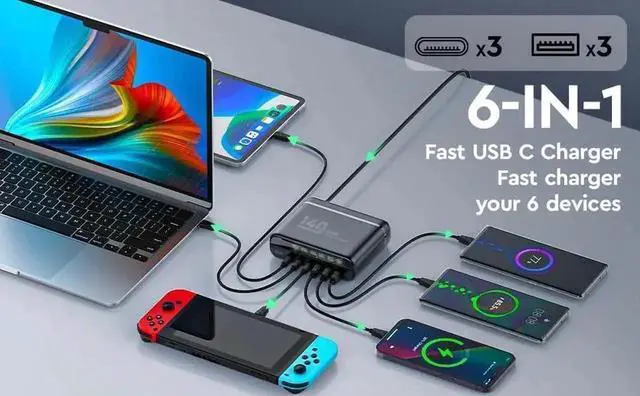 Alt view image 7 of 7 - WRIARICH 140W GaN USB-C Charger Block, QC3.0 Fast Charging Desktop Type-C Power Adapter Compatible with iPhone, Xiaomi, Samsung Smartphones, Black