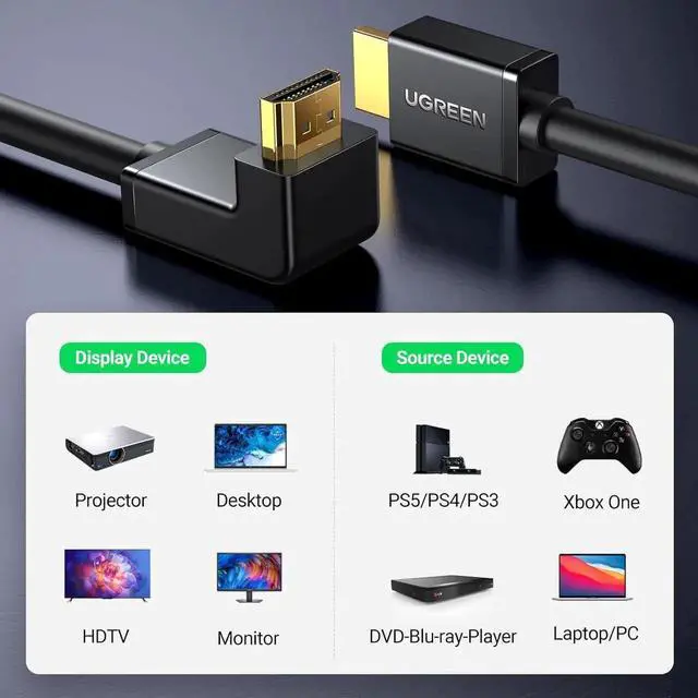 Alt view image 5 of 7 - WRIARICH 10FT UGREEN 90 Degree Right Angle HDMI 2.0 Cable, Down Angle 4K@60Hz HDMI Cord Support ARC 3D 1080P for PS5 Xbox Switch Laptop Monitor TV