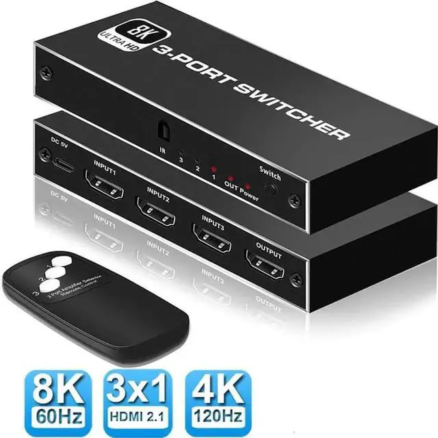 Main image of 3 in 1 Out HDMI 2.1 Switch with Wired Desktop Controller, 48Gbps 8K@60Hz 4K@120Hz HDMI Switcher Selector Box, HDCP 2.3, Ultra HD 3D HDR Support for PS4/PS5, Xbox Series, Roku, UHD TV, Monitor, Project