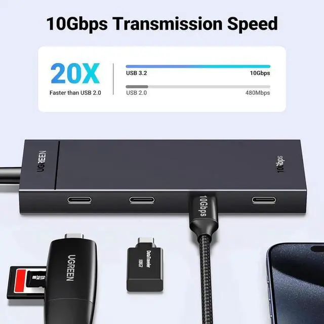 Alt view image 6 of 7 - WRIARICH UGREEN 4-Port USB-C Data Hub, 10Gbps USB 3.2 Gen2 Multiport Adapter, 0.3ft Short Cable, Plug & Play, Data Only, Compatible with MacBook Pro/Air, iPad Pro, iPad mini 6, iPhone 15 Series