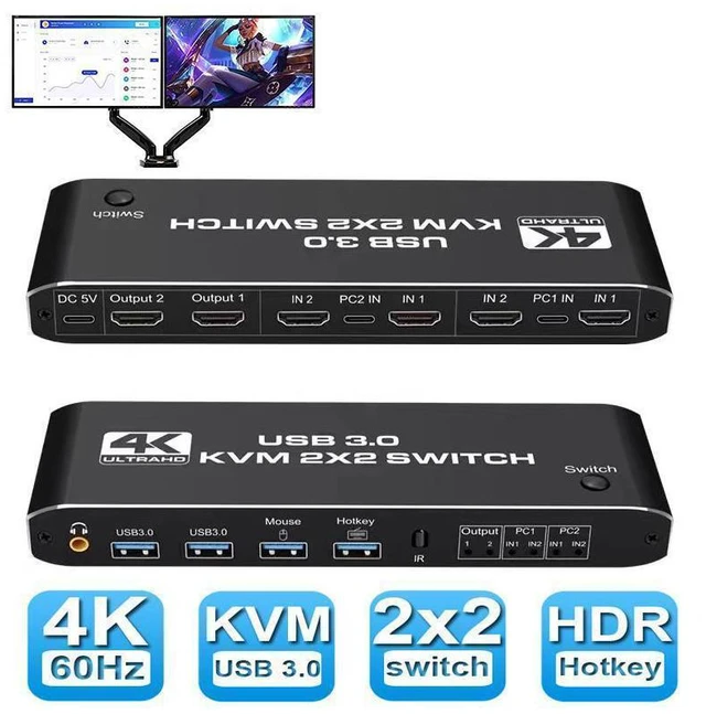 Main image of WRIARICH 2 Port Dual Monitor 4K HDMI KVM Switch, 2x2 HDMI USB 3.0 KVM Switch 2 in 2 out 4K @60Hz HDMI 2.0 Switcher for 2 PC Share Monitor Mouse Keyboard (with USB 3.0 port) eokCXOY