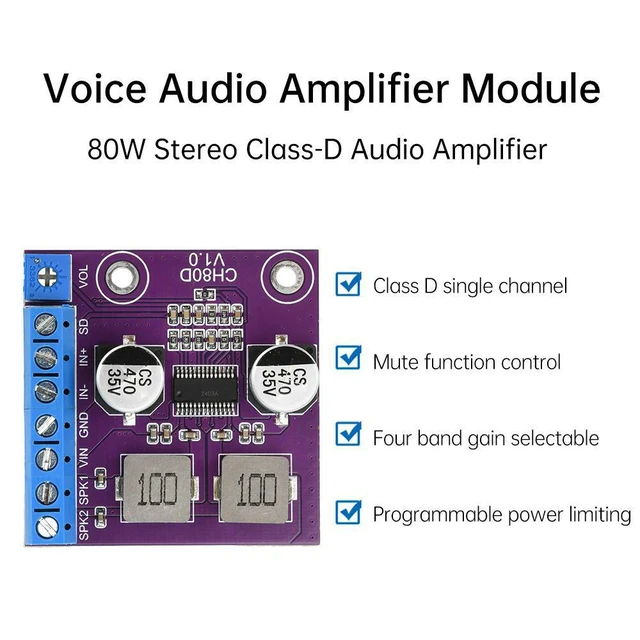 Alt view image 2 of 3 - WRIARICH DC 5~26V Class D Amplifier Mono 80W Stereo Audio Amplifier EMI Filter with Protection Module