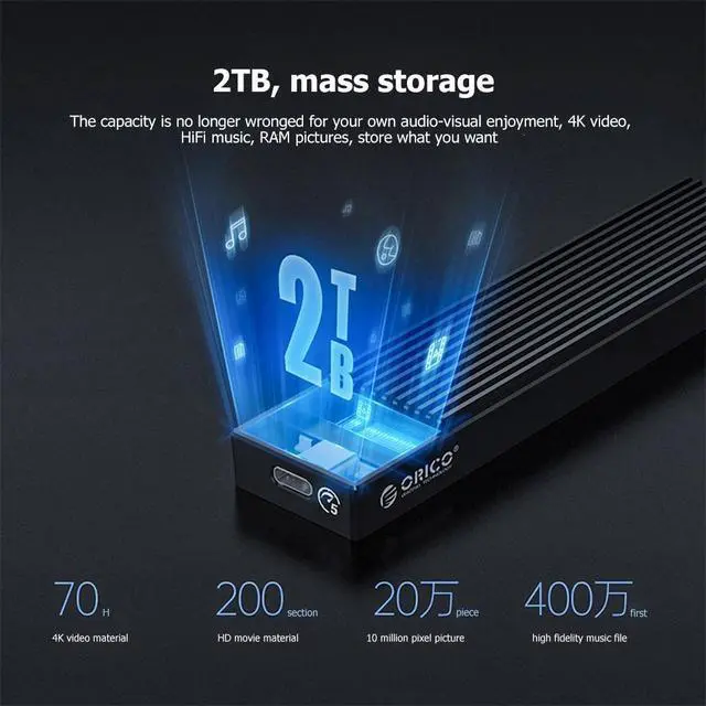 Alt view image 3 of 6 - WRIARICH ORICO M2PV-C3 Type-C M.2 NVME SSD Mobile Enclosure Aluminum Alloy USB 3.1 10Gbps 2TB External Solid State Drive Box Case