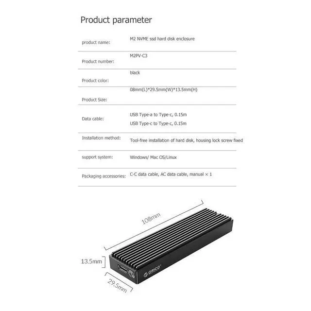 Alt view image 6 of 6 - WRIARICH ORICO M2PV-C3 Type-C M.2 NVME SSD Mobile Enclosure Aluminum Alloy USB 3.1 10Gbps 2TB External Solid State Drive Box Case