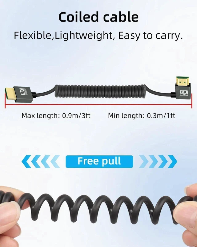 Alt view image 2 of 6 - WRIARICH 8K Right Angle HDMI Coiled Cable 2.2FT, 90 Degree Short HDMI to HDMI Cable, Spring Spiral HDMI 2.1 Cable 8K@60Hz,48Gbps,for Camera/TV/Capture Cards/Tablet