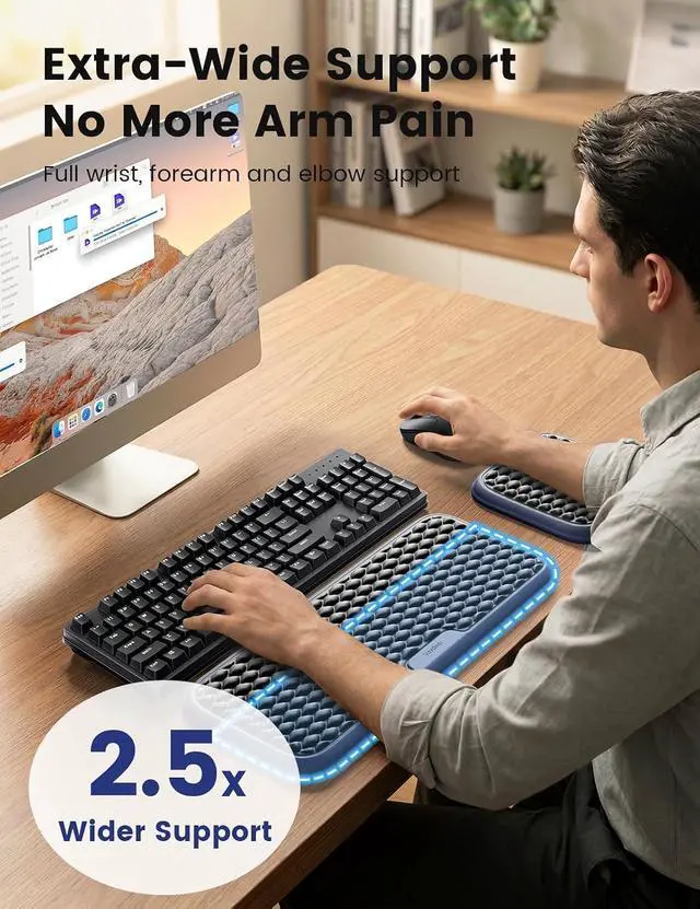 Alt view image 2 of 7 - WRIARICH Extra Large Wide Wrist Rest Set for Keyboard and Mouse, Computer Ergonomic Wrist Support, Armrest Elbow Pad Mouse Rest, Typing Pain Relief Soft Memory Foam Desk Cushion for Office Work Gaming