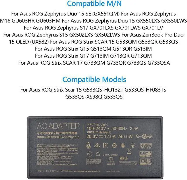 Alt view image 4 of 7 - WRIARICH ADP-240EB B 20V 12A 240W AC Adapter Power Supply for ASUS ROG 15 RTX2080 Laptop Charger with Power Cord