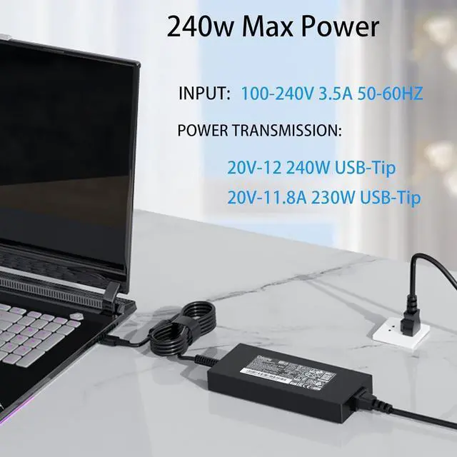 Alt view image 2 of 6 - WRIARICH 240W 12A Gaming Laptop Charger fit for MSI GE76 11UH 11UE 10UE Stealth 16 A16 17 AI Studio A13V A13VG A13VF A13VE A13VH A13VI MS-17K3 A20-240P2A Laptop Power Supply Adapter Cord USB Tip