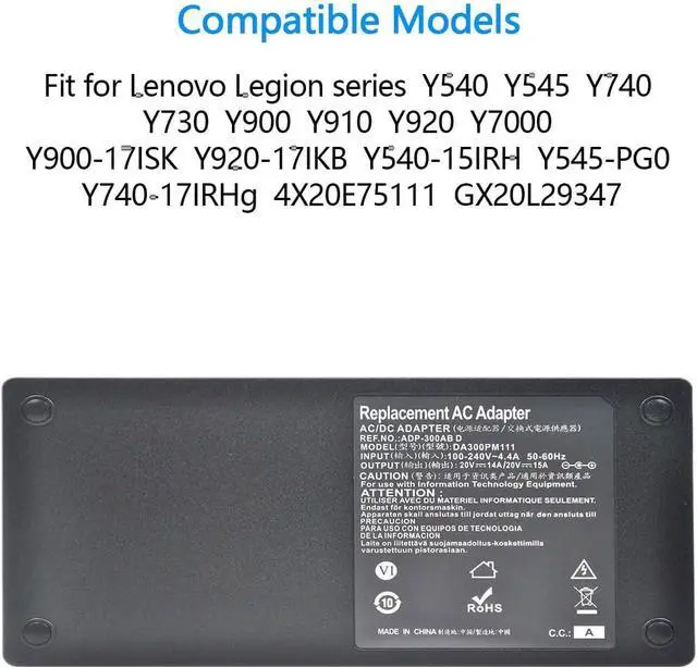 Alt view image 3 of 7 - WRIARICH 300W 20V 15A AC Adapter Laptop Charger for Lenovo Legion Por 5 5i 7 7i ThinkPad R9000P R9000K Y9000K Y9000X R7000P 9000P 9000K Lenovo 300W Power Adapter ADL300SDC3A with Power Cord