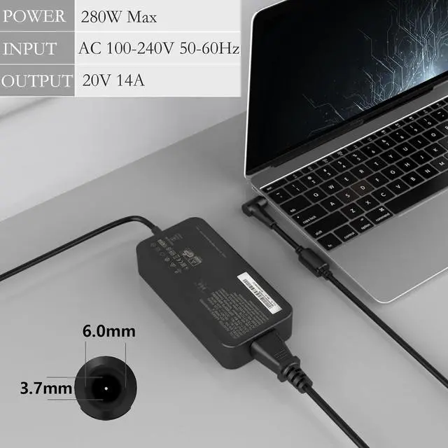 Alt view image 3 of 7 - WRIARICH 280W AC Charger for ASUS ROG Strix Scar 15 17 G532 G732 G732LWS Strix G15 G17 G513R G713R ASUS ROG G703GX ROG Zephyrus S17 GX703HM GX703HR ADP-280BB B Laptop Power Supply Adapter Cord