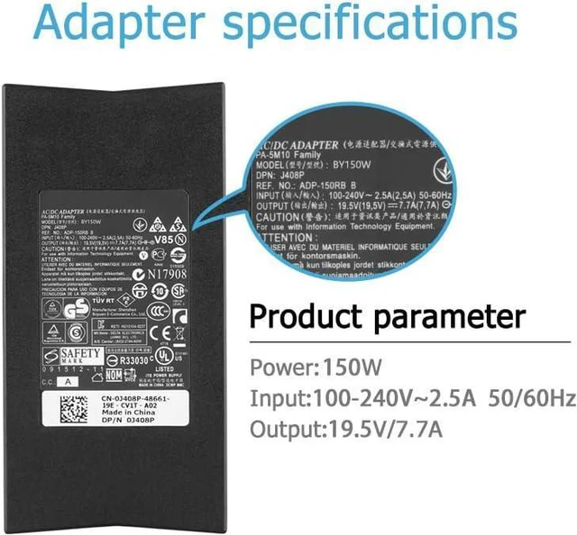 Alt view image 4 of 7 - WRIARICH 19.5V 7.7A 150W 130W AC Charger Adapter Compatible with Dell DA150PM100-00 Alienware M14X R2 P18G P18G002 Alienware 14 R1 XPS 17 L701X L702X Inspiron One 2320 150W Laptop Supply Cord