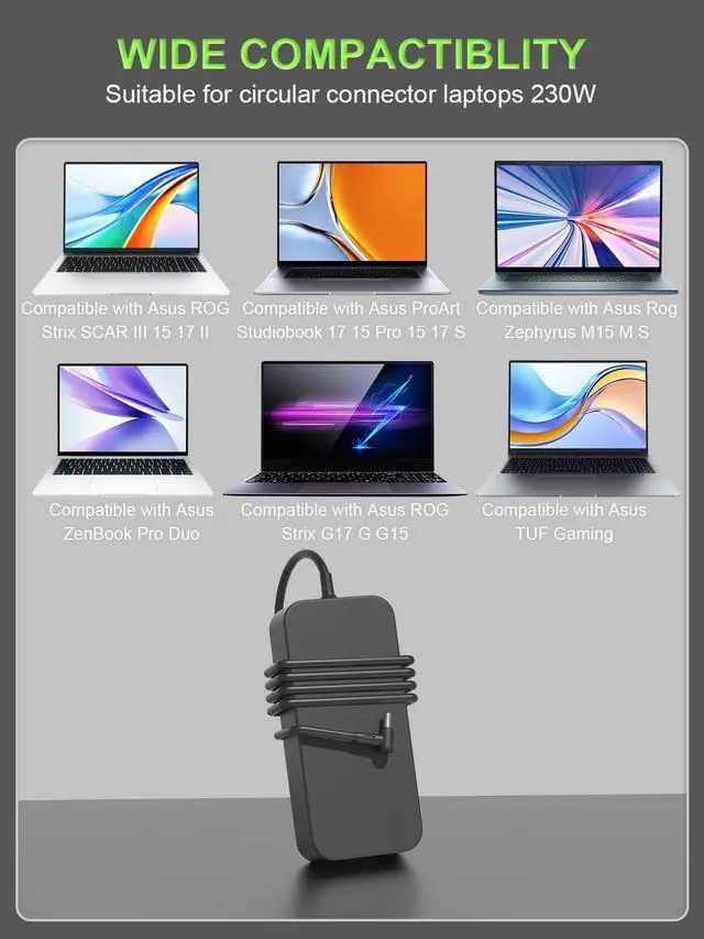 Alt view image 3 of 7 - WRIARICH 230W Charger Compatible with ASUS ROG Zephyrus M15 S M GU502 GM501 GX502 GX701 GX531 GX501 GU501 Strix Scar II III 17 15 G17 G15 G GL704 GL504 G732 G512 ProArt15 17 Laptop