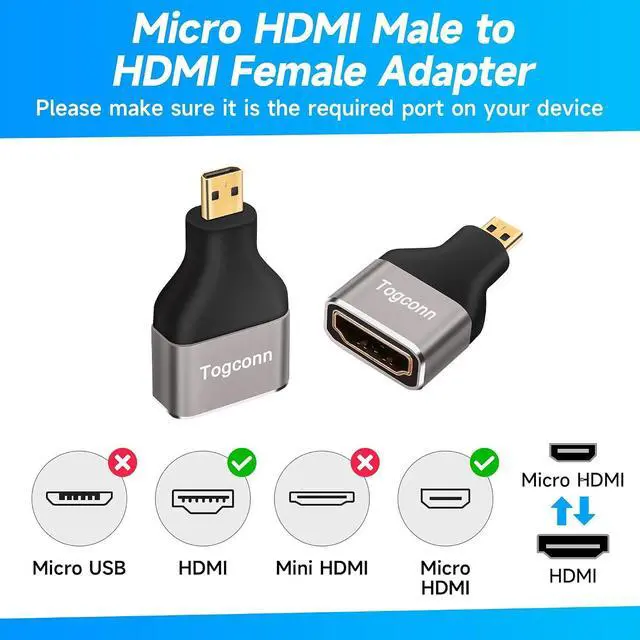 Alt view image 3 of 6 - WRIARICH 8K Micro HDMI to HDMI Adapter (2 Pack) HDMI Female to Micro HDMI Male HDMI 2.1 Bidirectional Connector Gold-Plated Plugs Supports 8K@60Hz 4K@120Hz HDR 3D for GoPro Hero 7 6 Sony A6000 Camera