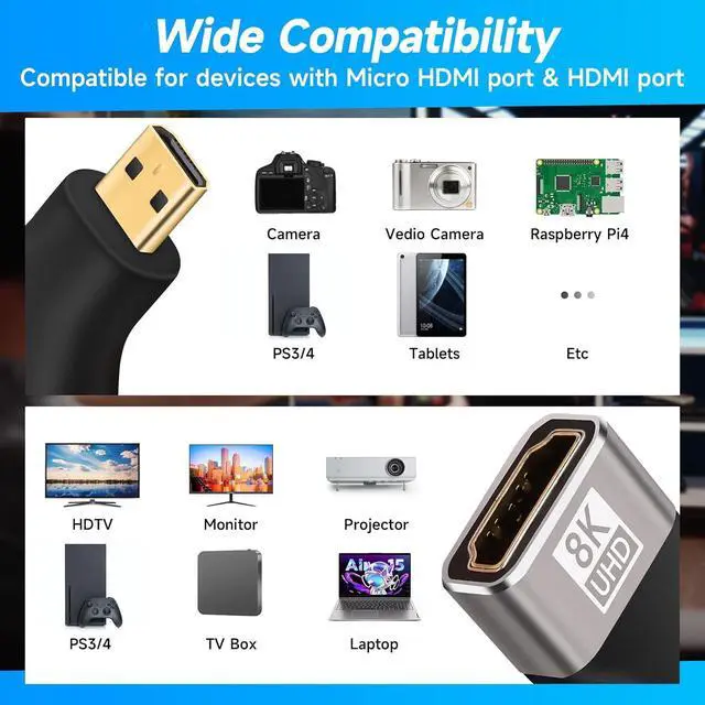 Alt view image 6 of 6 - WRIARICH 8K Micro HDMI to HDMI Adapter (2 Pack) HDMI Female to Micro HDMI Male HDMI 2.1 Bidirectional Connector Gold-Plated Plugs Supports 8K@60Hz 4K@120Hz HDR 3D for GoPro Hero 7 6 Sony A6000 Camera
