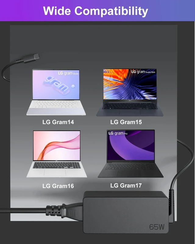 Alt view image 3 of 7 - WRIARICH PD 65W USB C Laptop Charger Compatible with LG Gram 14 15 16 17 Series 14Z90Q 15Z90Q 16T90P 16Z90P 16T90Q 17Z90P 17Z95P 17Z90Q 17Z90R 17Z90S Fast Charging Power Cord AC Adapter Type C