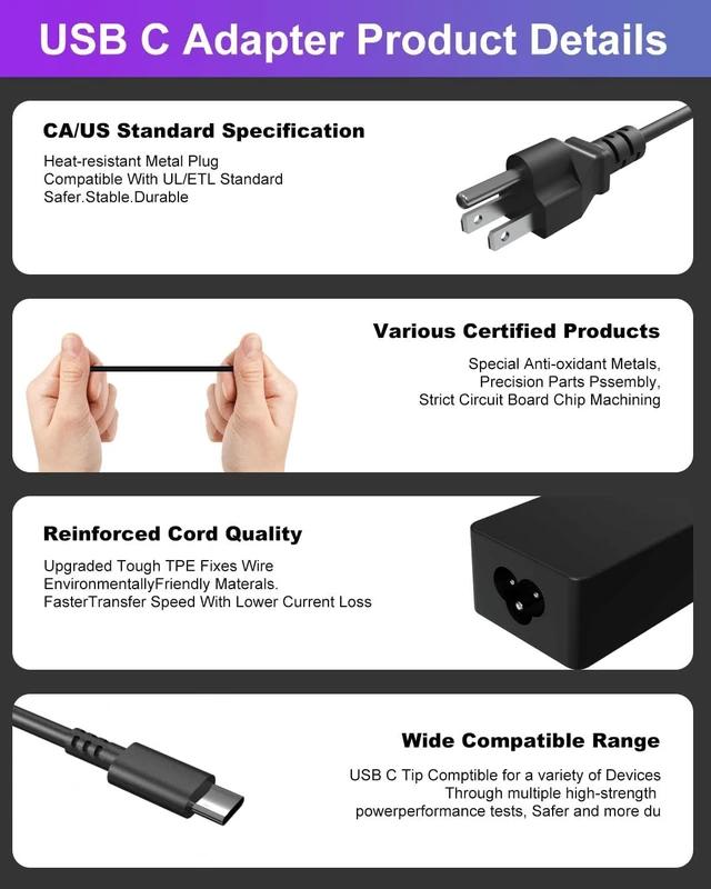 Alt view image 5 of 7 - WRIARICH PD 65W USB C Laptop Charger Compatible with LG Gram 14 15 16 17 Series 14Z90Q 15Z90Q 16T90P 16Z90P 16T90Q 17Z90P 17Z95P 17Z90Q 17Z90R 17Z90S Fast Charging Power Cord AC Adapter Type C