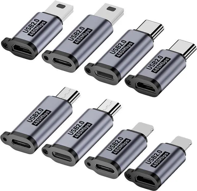 Main image of WRIARICH USB C to Micro USB/Mini USB/Lighting Adapter Light-ning to USB C/Micro USB Converter Micro USB 2.0 to Type C/Lighting/Mini USB Connector (8 Pack)