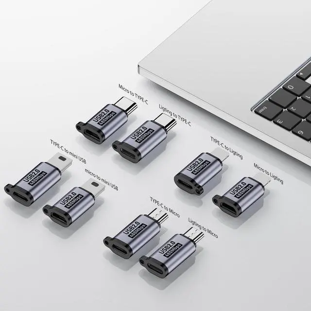 Alt view image 2 of 7 - WRIARICH USB C to Micro USB/Mini USB/Lighting Adapter Light-ning to USB C/Micro USB Converter Micro USB 2.0 to Type C/Lighting/Mini USB Connector (8 Pack)