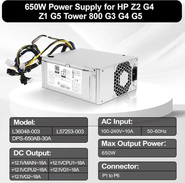 Alt view image 6 of 6 - LXun Upgrade L36049-003 DPS-650AB-30A 650W Switching Power Supply Compatible with HP Z2 G4 Z1 G5 800 G3 G4 G5 TE01 TG01 Replacement Parts L36048-003 L57253-003 DPS-650AB-30 A Workstation Power Supply