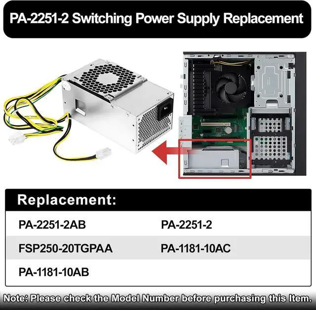 Alt view image 2 of 6 - WRIARICH LXun Upgraded 250W Power Supply PA-2251-2AB Compatible with Acer Veriton X4270 N4288 E450 D650 X2660G X4660G Replace for PA-2251-2 FSP250-20TGPAA PA-1181-10AC PA-1181-10AB DC.2501B.001