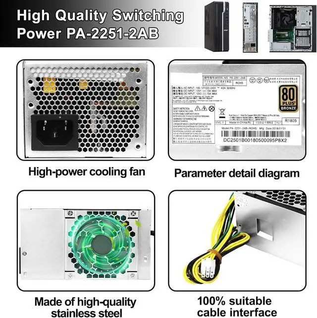 Alt view image 6 of 6 - WRIARICH LXun Upgraded 250W Power Supply PA-2251-2AB Compatible with Acer Veriton X4270 N4288 E450 D650 X2660G X4660G Replace for PA-2251-2 FSP250-20TGPAA PA-1181-10AC PA-1181-10AB DC.2501B.001