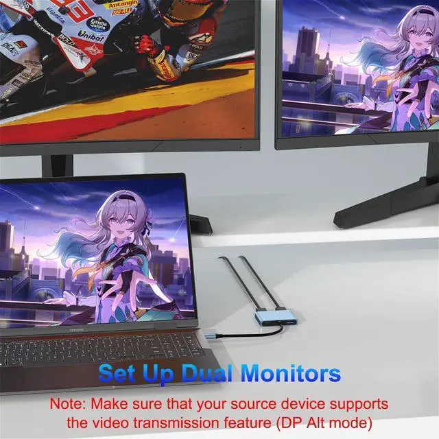 Alt view image 3 of 7 - DisplayPort Splitter for Dual Monitors 4K@60Hz USB C to Dual DisplayPort Splitter Adapter for Extended Display with 2 Displayports/USB3.0/100W PD Fast Charging Compatible with MacBook///Lenovo