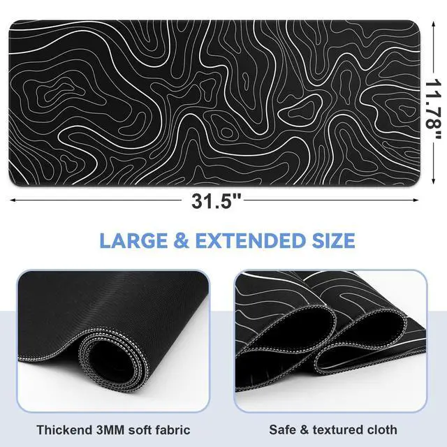 Alt view image 2 of 7 - WRIARICH Mouse Pad Gaming Mousepad 31.5 x 11.8in Large Mouse Pad for Keyboard and Mouse with Anti-Slip Rubber Base, Keyboard Pad XL Mouse Mat for Home and OfficeBlack with White Topographic Line