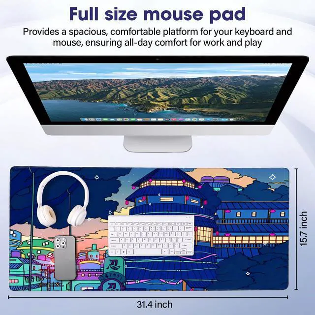 Alt view image 2 of 7 - WRIARICH Gaming Mouse Pad - 31.5" x 15.7" Large Desk Mat with Stitched Edges, Waterproof Coating, Non-Slip Rubber Base for Gamers, Esports Pros, Office & Home