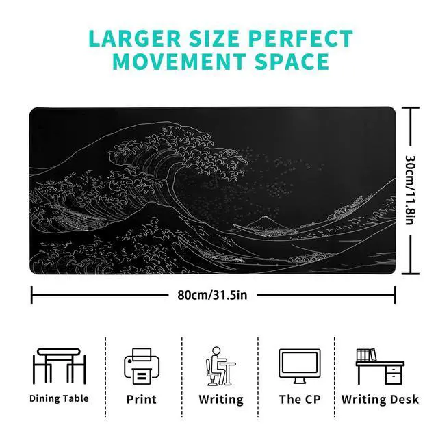 Alt view image 2 of 6 - WRIARICH Japanese Sea Wave Large Mouse Pad, Anime Black Gaming, Extended Kanagawa Mat Desk Pad, 3mm Thick Long Non-Slip Rubber Base Mice Pad, 31.5 X 11.8 Inch