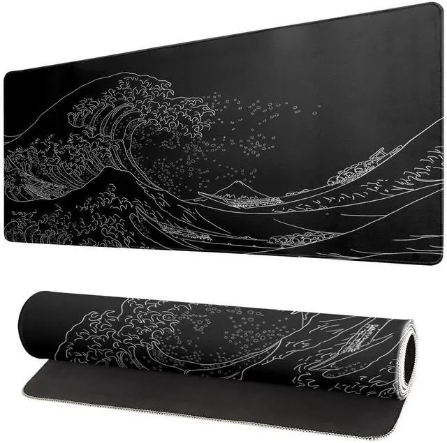 Main image of WRIARICH Japanese Sea Wave Large Mouse Pad, Anime Black Gaming, Extended Kanagawa Mat Desk Pad, 3mm Thick Long Non-Slip Rubber Base Mice Pad, 31.5 X 11.8 Inch
