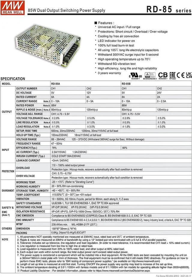 Alt view image 4 of 5 - WRIARICH Original Mean Well 88W 5V 24V Dual Output Switching Power Supply 5V/8A 24V/2A SMPS Enclosed Type Power Supply Unit Transformer Input 88-264Vac